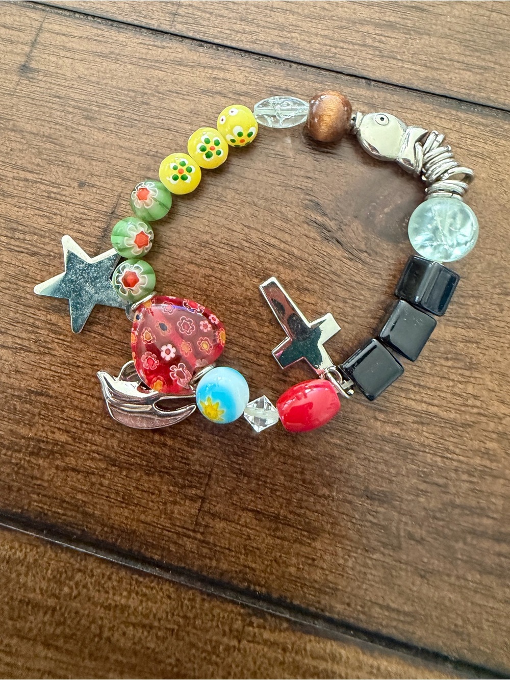 HIS STORY Beaded Charm Bracelet Star Cross Fish Multi-color SIzE XL Vintage
